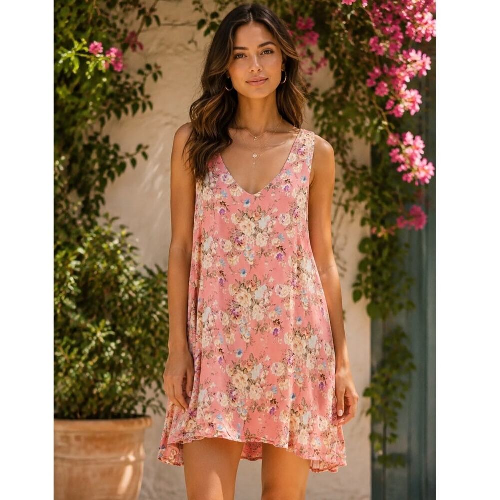 Somedays Lovin Pink Floral Sleeveless Swing Dress Size Large